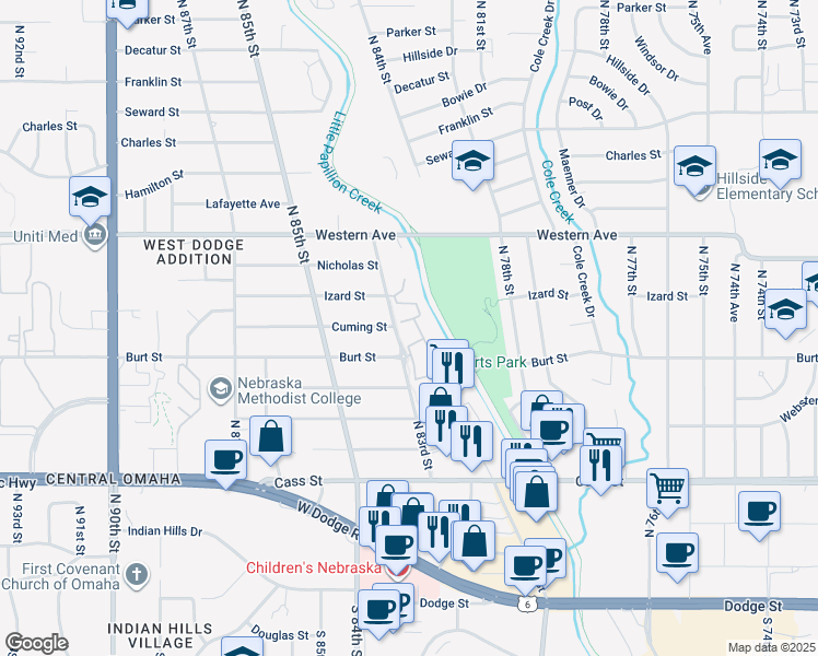 map of restaurants, bars, coffee shops, grocery stores, and more near 870 Burt Plaza in Omaha