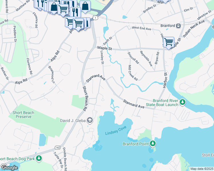 map of restaurants, bars, coffee shops, grocery stores, and more near 76 Stannard Avenue in Branford