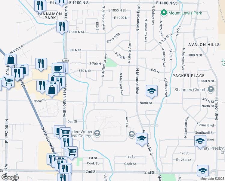 map of restaurants, bars, coffee shops, grocery stores, and more near 645 East 500 North in Ogden