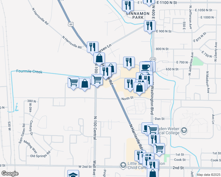 map of restaurants, bars, coffee shops, grocery stores, and more near 450 North Harrisville Road in Harrisville