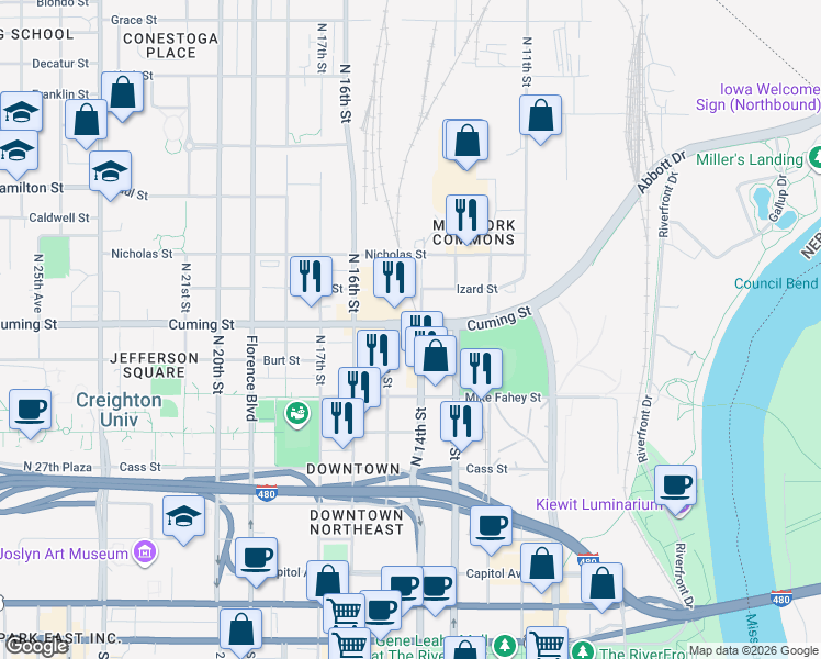 map of restaurants, bars, coffee shops, grocery stores, and more near 1415 Cuming Street in Omaha