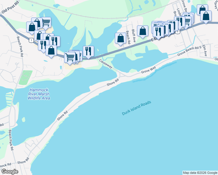 map of restaurants, bars, coffee shops, grocery stores, and more near 177 Shore Road in Clinton