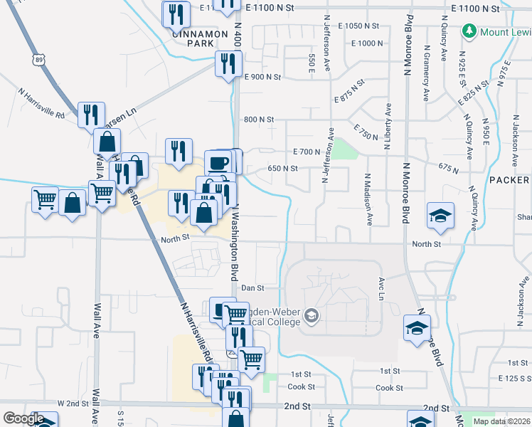 map of restaurants, bars, coffee shops, grocery stores, and more near 464 East 475 North in Ogden