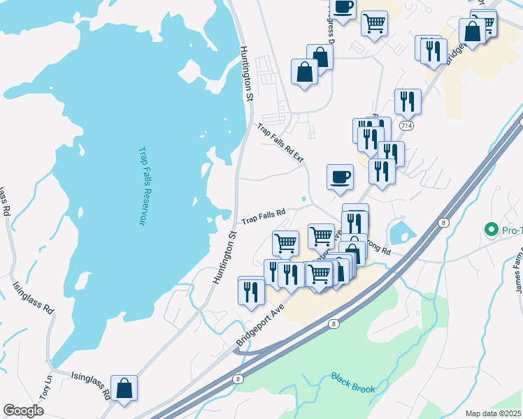 map of restaurants, bars, coffee shops, grocery stores, and more near 42 Trap Falls Road in Shelton