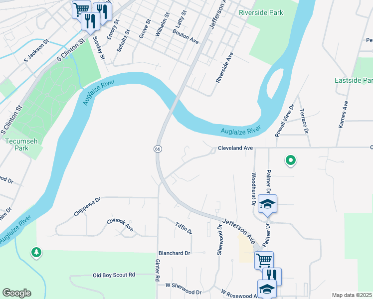 map of restaurants, bars, coffee shops, grocery stores, and more near 400 Greenler Road in Defiance