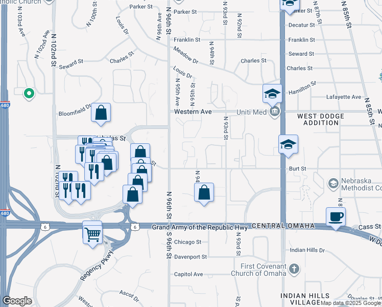 map of restaurants, bars, coffee shops, grocery stores, and more near 824 North 94th Court in Omaha