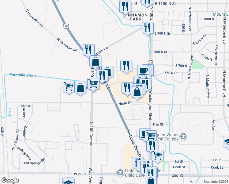 map of restaurants, bars, coffee shops, grocery stores, and more near 450 North Harrisville Road in Harrisville