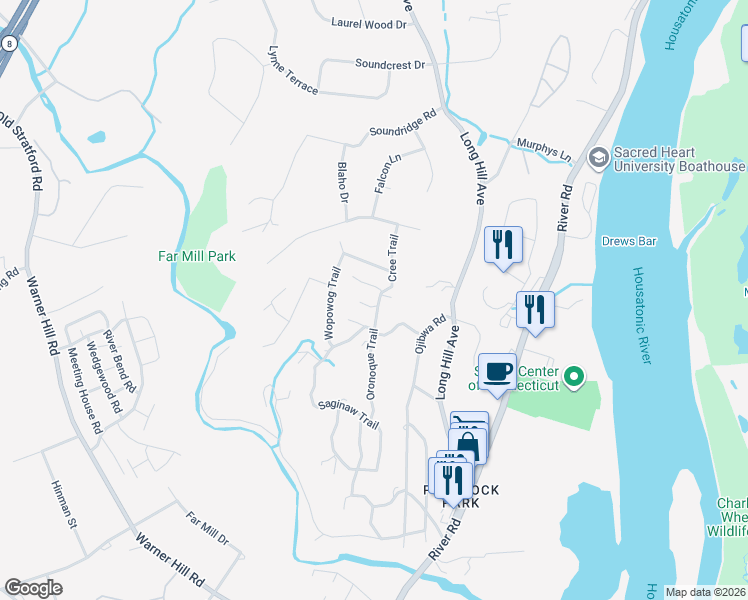 map of restaurants, bars, coffee shops, grocery stores, and more near 5 Oronoque Trail in Shelton