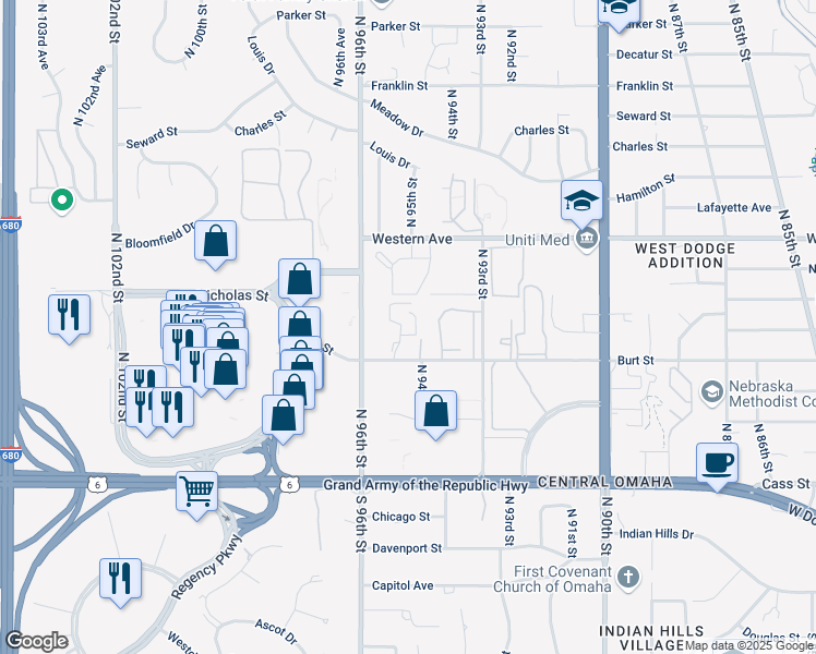 map of restaurants, bars, coffee shops, grocery stores, and more near 822 North 94th Court in Omaha
