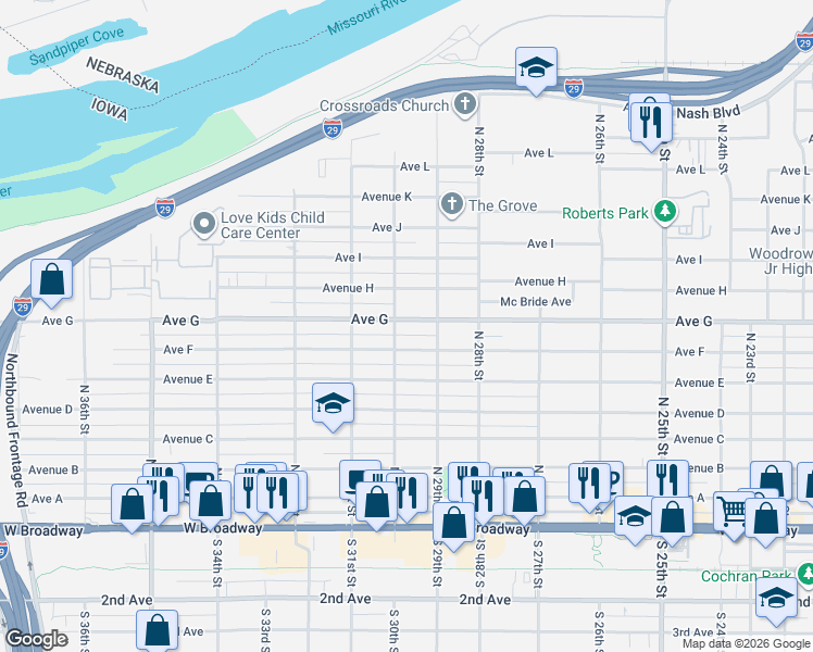map of restaurants, bars, coffee shops, grocery stores, and more near 2931 Avenue G in Council Bluffs