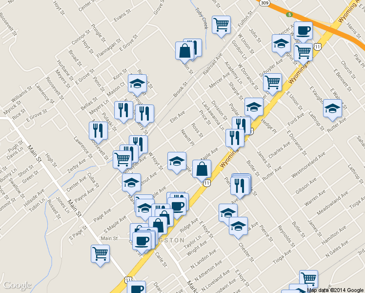 map of restaurants, bars, coffee shops, grocery stores, and more near 119-121 Pringle St in Kingston