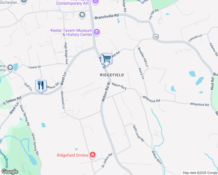 map of restaurants, bars, coffee shops, grocery stores, and more near 404 Wilton Road West in Wilton