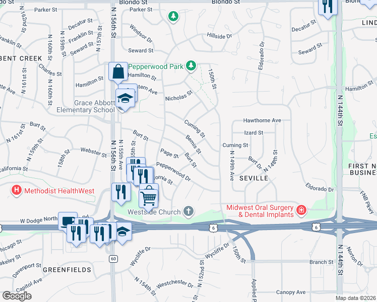 map of restaurants, bars, coffee shops, grocery stores, and more near 15268 Burt Street in Omaha