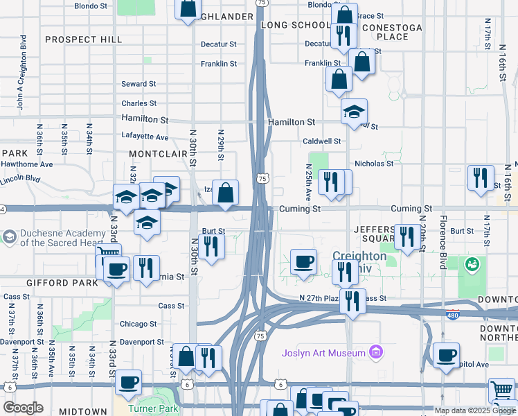 map of restaurants, bars, coffee shops, grocery stores, and more near 2774 Cuming Street in Omaha