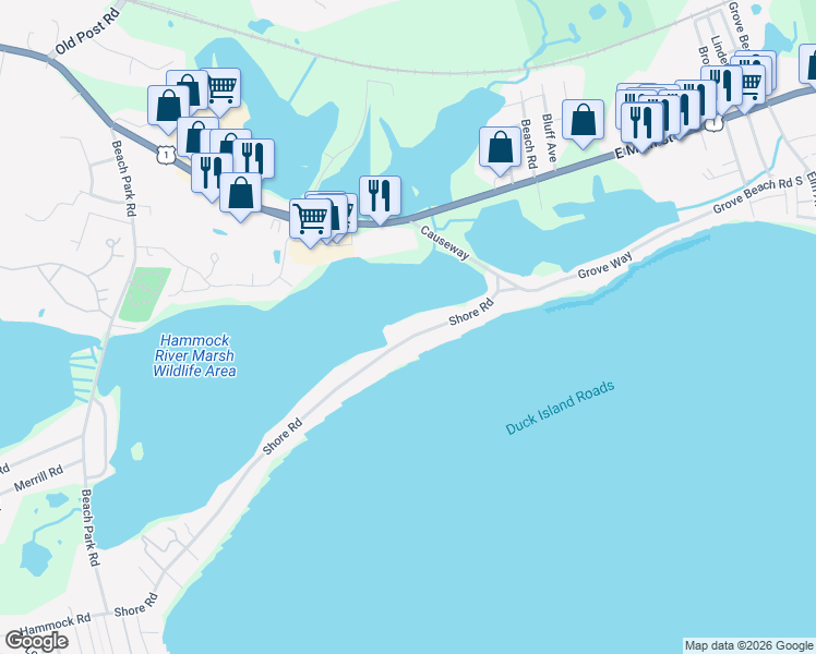 map of restaurants, bars, coffee shops, grocery stores, and more near 162 Shore Road in Clinton