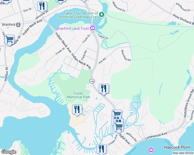 map of restaurants, bars, coffee shops, grocery stores, and more near 104 South Montowese Street in Branford
