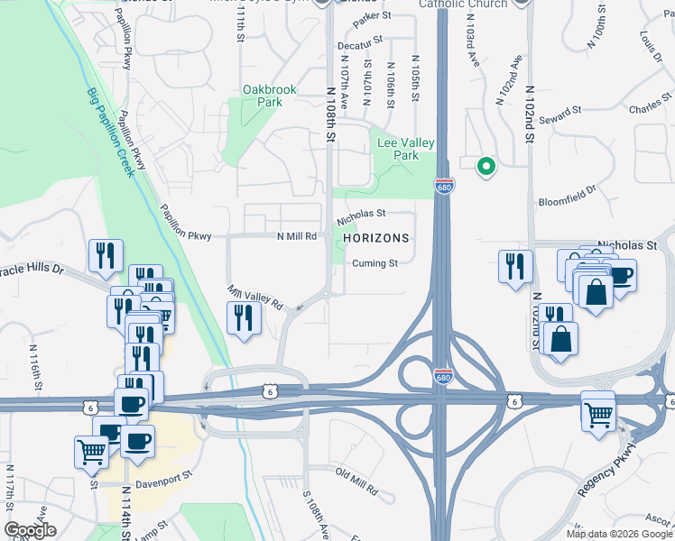map of restaurants, bars, coffee shops, grocery stores, and more near 832 North 107th Avenue in Omaha