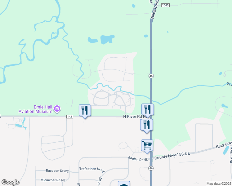 map of restaurants, bars, coffee shops, grocery stores, and more near 132 Springbrook Drive Northeast in Warren