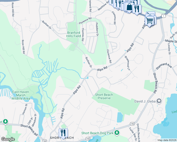 map of restaurants, bars, coffee shops, grocery stores, and more near 149 Alps Road in Branford