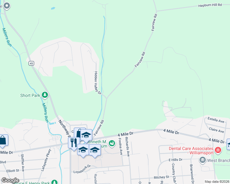 map of restaurants, bars, coffee shops, grocery stores, and more near 1930 Fairview Road in Montoursville
