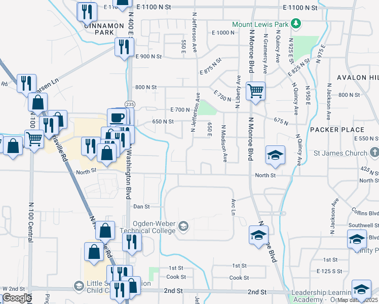 map of restaurants, bars, coffee shops, grocery stores, and more near 490 North Jefferson Avenue East in Ogden