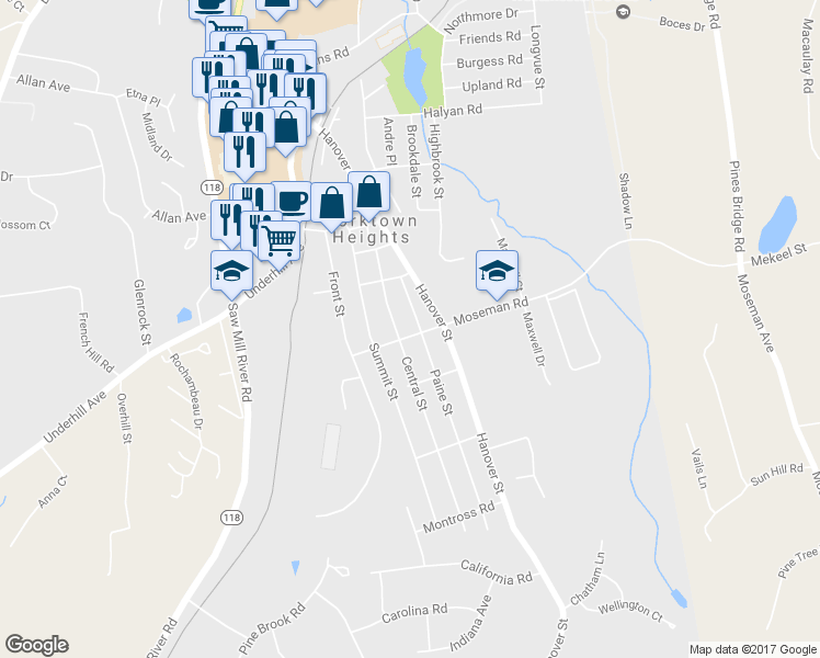 map of restaurants, bars, coffee shops, grocery stores, and more near 182 Moseman Road in Yorktown Heights