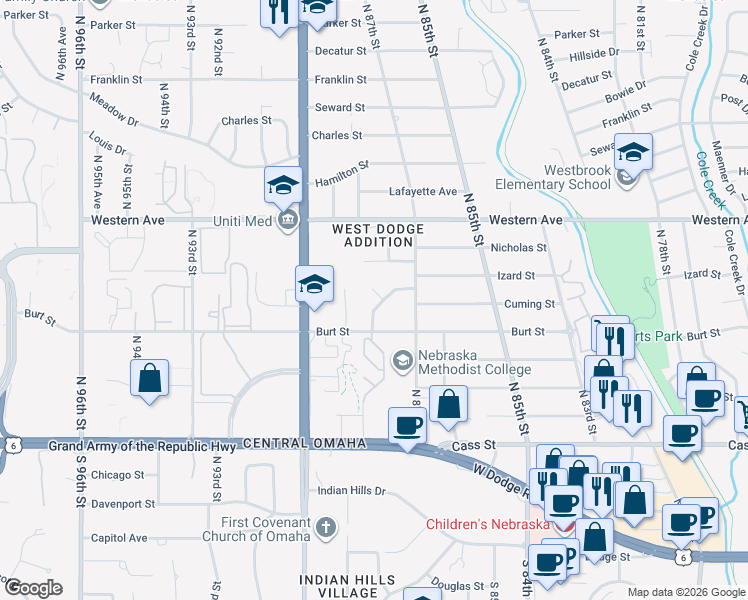 map of restaurants, bars, coffee shops, grocery stores, and more near 8853 Izard Circle in Omaha