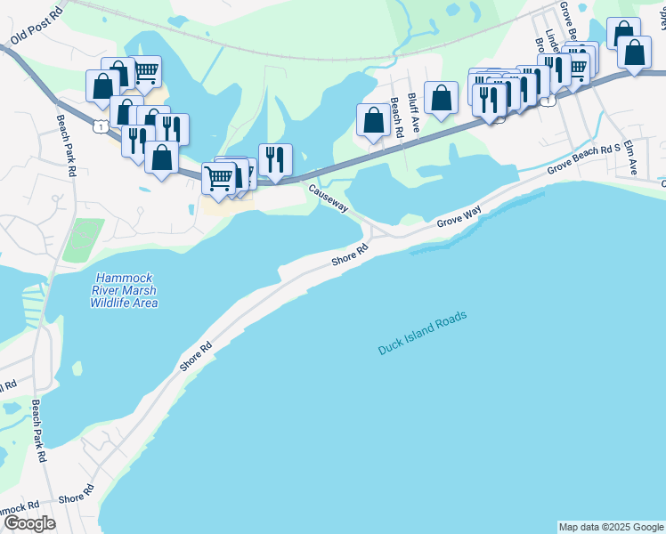 map of restaurants, bars, coffee shops, grocery stores, and more near 177 Shore Road in Clinton