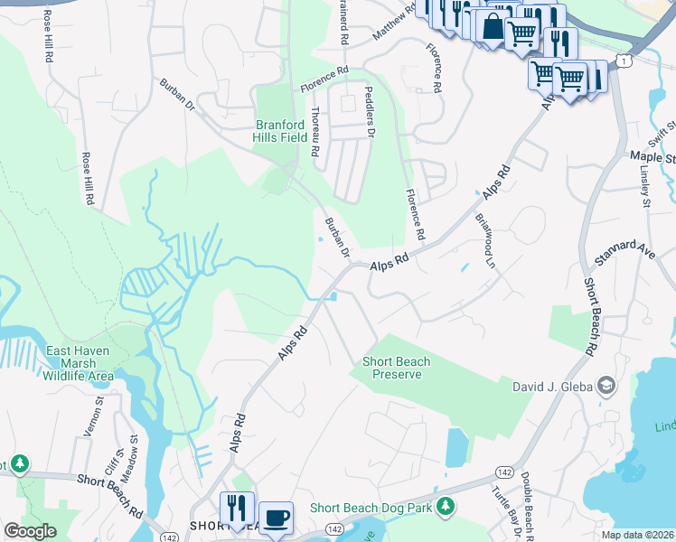 map of restaurants, bars, coffee shops, grocery stores, and more near 149 Alps Road in Branford