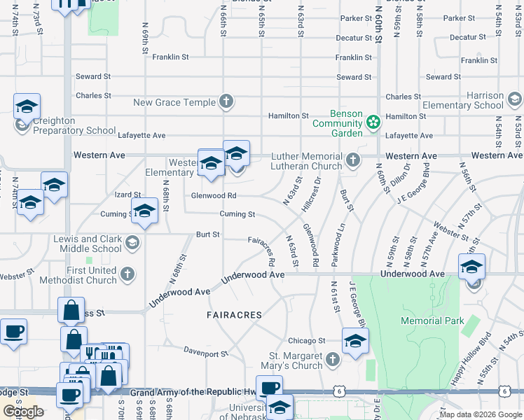 map of restaurants, bars, coffee shops, grocery stores, and more near 6468 Cuming Street in Omaha