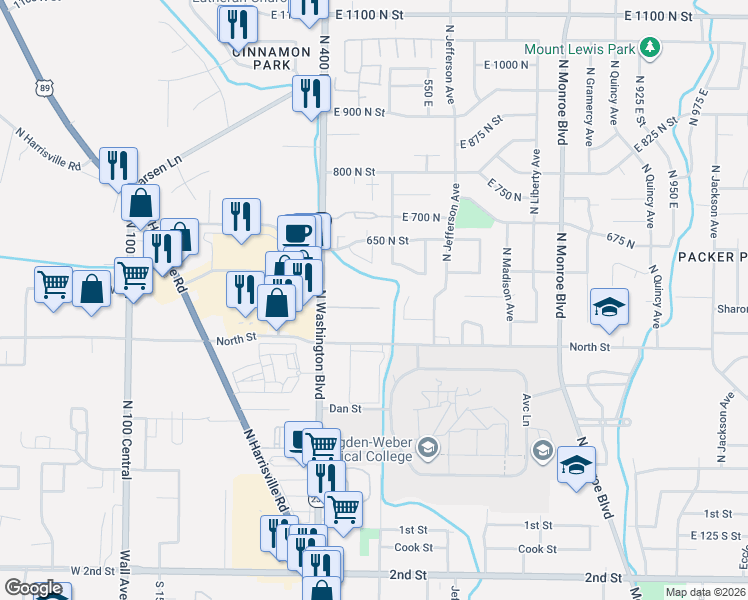 map of restaurants, bars, coffee shops, grocery stores, and more near 472 East 475 North in Ogden