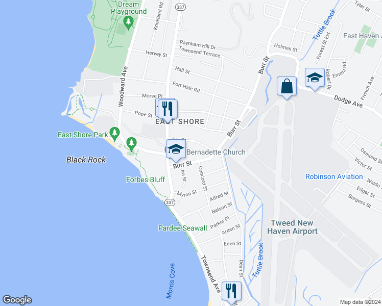 map of restaurants, bars, coffee shops, grocery stores, and more near 398 Concord Street in New Haven