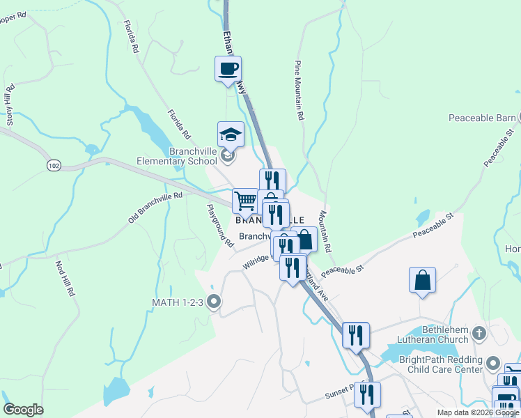 map of restaurants, bars, coffee shops, grocery stores, and more near 723 Branchville Road in Ridgefield