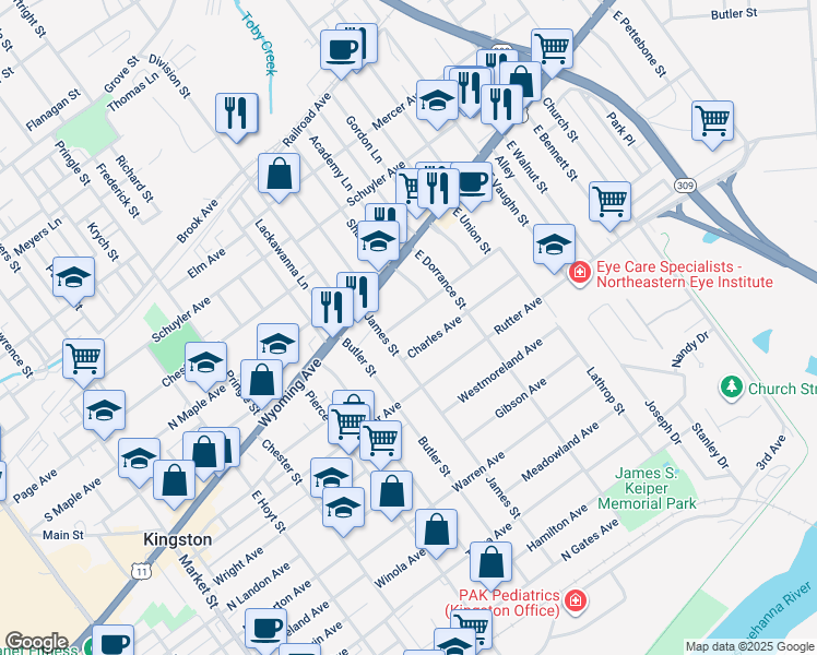 map of restaurants, bars, coffee shops, grocery stores, and more near 40 James Street in Kingston