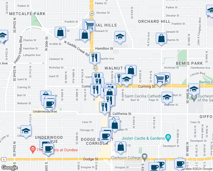 map of restaurants, bars, coffee shops, grocery stores, and more near 4504 North 45th Street in Omaha