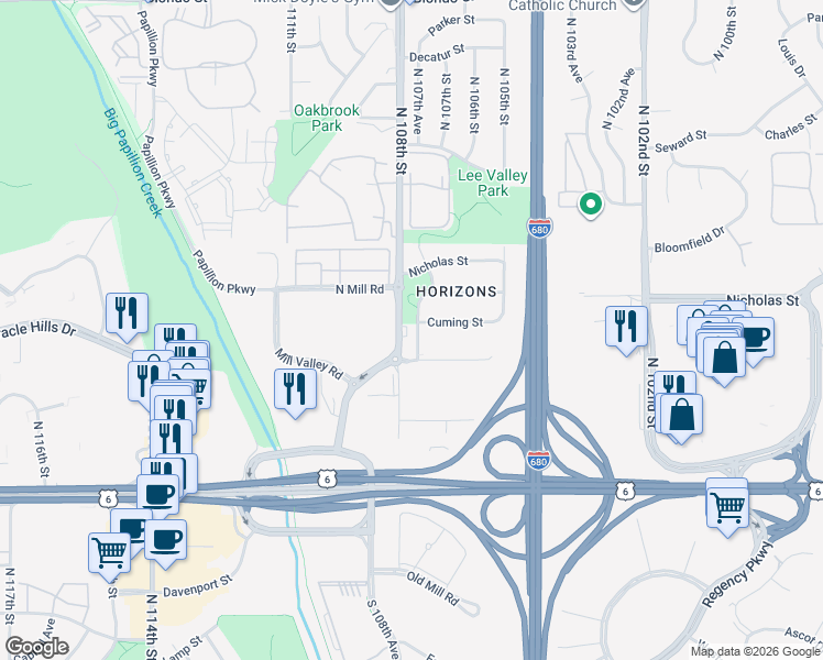map of restaurants, bars, coffee shops, grocery stores, and more near 832 North 107th Avenue in Omaha