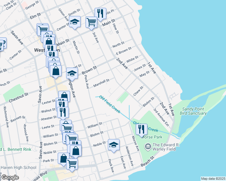 map of restaurants, bars, coffee shops, grocery stores, and more near 151 Jones Street in West Haven