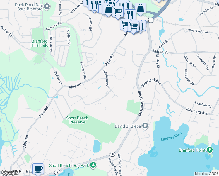map of restaurants, bars, coffee shops, grocery stores, and more near 178 Briarwood Lane in Branford