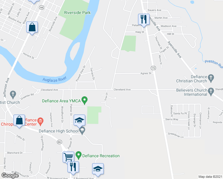 map of restaurants, bars, coffee shops, grocery stores, and more near 399 Cleveland Avenue in Defiance