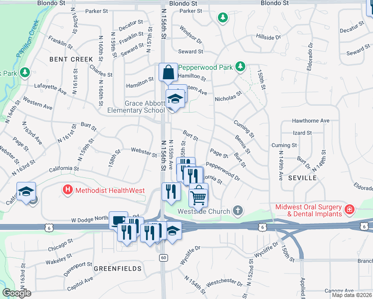 map of restaurants, bars, coffee shops, grocery stores, and more near 733 North 155th Street in Omaha