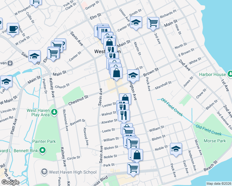 map of restaurants, bars, coffee shops, grocery stores, and more near 355 Campbell Avenue in West Haven