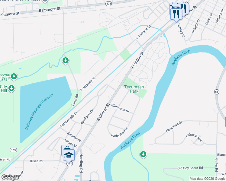 map of restaurants, bars, coffee shops, grocery stores, and more near 1504 South Clinton Street in Defiance