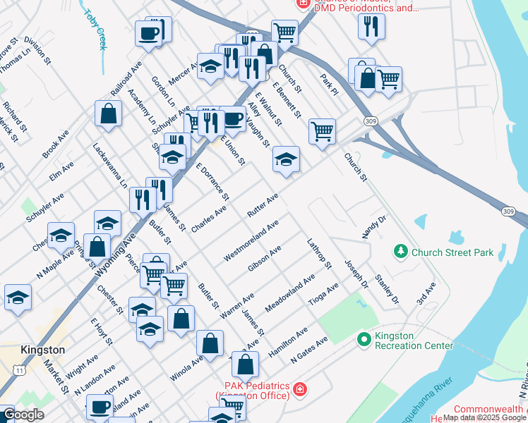 map of restaurants, bars, coffee shops, grocery stores, and more near 629 Rutter Avenue in Kingston