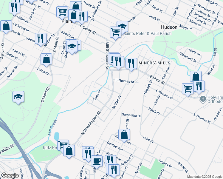 map of restaurants, bars, coffee shops, grocery stores, and more near 27-29 West Sidney Street in Wilkes-Barre