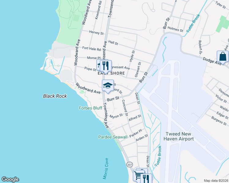 map of restaurants, bars, coffee shops, grocery stores, and more near 398 Concord Street in New Haven