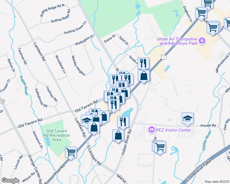 map of restaurants, bars, coffee shops, grocery stores, and more near 23 Old Tavern Road in Orange