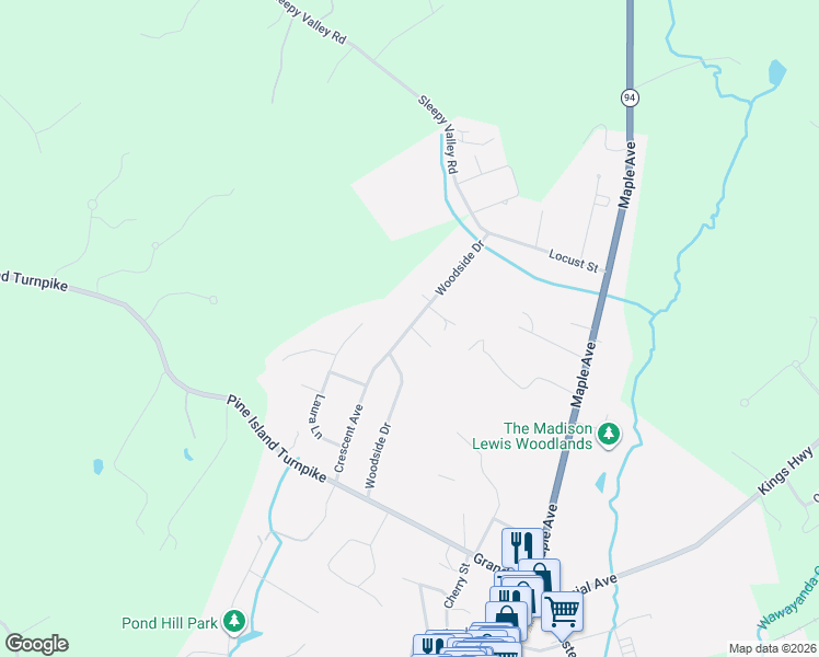 map of restaurants, bars, coffee shops, grocery stores, and more near 33 Woodside Drive in Warwick