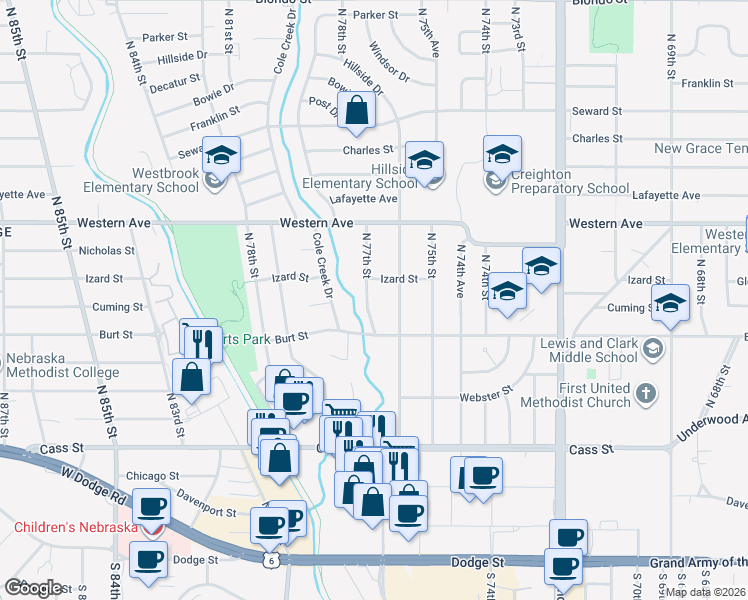 map of restaurants, bars, coffee shops, grocery stores, and more near 829 North 77th Street in Omaha