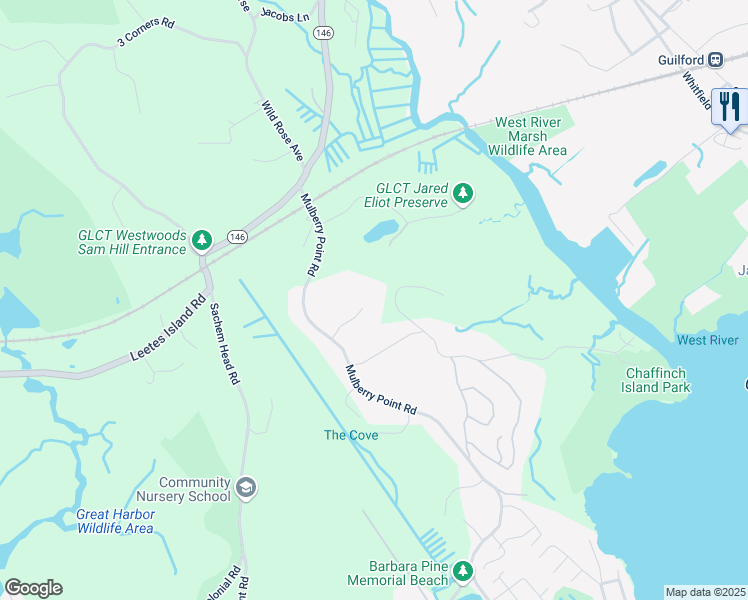 map of restaurants, bars, coffee shops, grocery stores, and more near 67 Huckleberry Court in Guilford