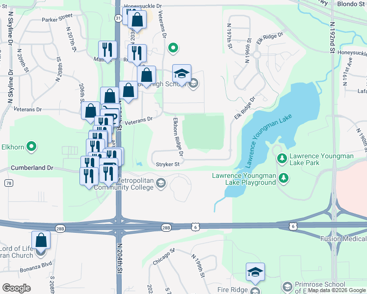 map of restaurants, bars, coffee shops, grocery stores, and more near 20010 Elkhorn Ridge Drive in Omaha